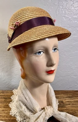 Sweet Vintage Ladies Straw Hat with Ribbon and Flowers - Image 1 of 4