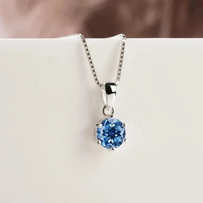 2CT Round Cut Lab Created Sapphire Solitaire Pendant 14K White Gold Plated - Image 1 of 4