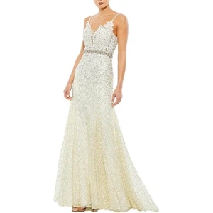 Mac Duggal Größe 0 zartes langes Abendkleid mit Blumenspitze elfenbeinfarben Abschlussball Princesscore - Bild 1 von 18