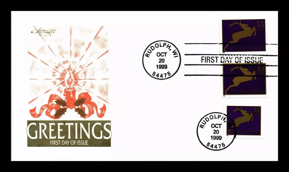 CHRISTMAS PURPLE REINDEER 1999 ARTMASTER CACHET FDC 3 DIFF VARIETIES UNADDR - Image 1 of 1