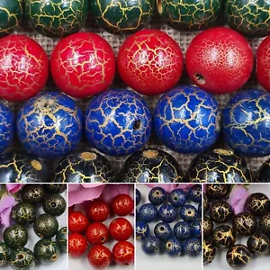 Black Red green Blue Gold Crackle Round Wooden Beads Jewellery Making 15/25/30mm - Picture 1 of 24