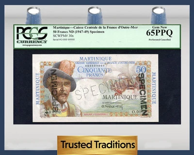 TT PK 30s 1947-49 MARTINIQUE 50 FRANCS D'ESNAMBUC PCGS 65 PPQ GEM ONLY FEW FINER - Image 1 of 2