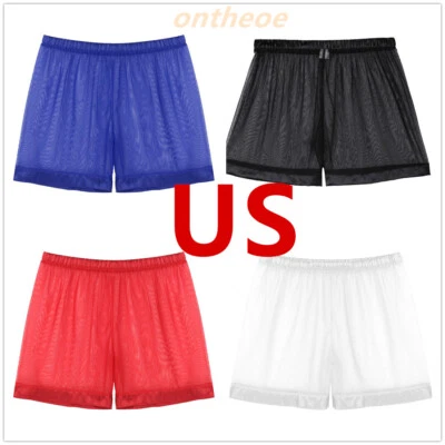 _Men Lingerie Underwear See-through Sheer Mesh Loose Lounge Swim Boxer Shorts - Image 1 of 2