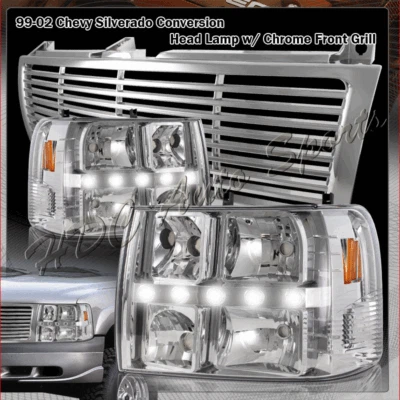 For 1999-2002 Chevrolet Silverado LED DRL Conversion Chrome Headlight + Grille - Image 1 of 4