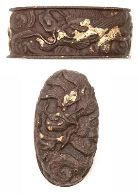Antique Japanese Small Set Iron Tanto Fuchi Kashira Dragon Gold Tsuka Koshirae - Image 1 of 4