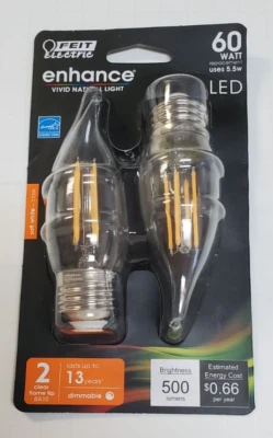 (2) NEW Feit Electric 60W Filament Enhance LED Bulb Dimmable 2700K.   Flame tip - Image 1 of 2