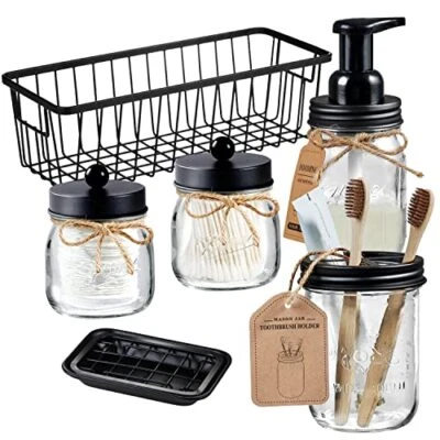 6 Pack Mason Jar Bathroom Accessories Set with Storage Basket Bin - Image 1 of 4