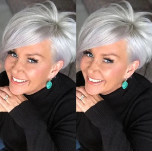 Short Pixie Cut Wigs for Women Silver White Wig with Bangs Synthetic Glueless US - Picture 1 of 8