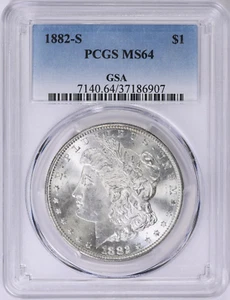 1882-S Morgan Silver Dollar PCGS MS-64 GSA Hoard Collezione Pedigree Bianco - Foto 1 di 3