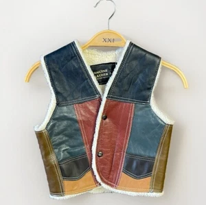 Vintage Genuine Leather Kids Sherpa Button Up Vest Patchwork L - Picture 1 of 6