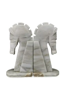 Set Fermalibri Cavalli in Marmo Naturale Bianco Italian Marble Bookend Set H 22 - Picture 1 of 1