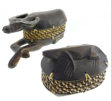 Set Indonesian Lombok Carved Wood Woven Trinket Box Basket Lizard Water Buffalo