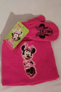 Minnie Mouse Toddler Girls Beanie Hat Mittens 2 Piece Set Pink Disney Knit Cap - Picture 1 of 3