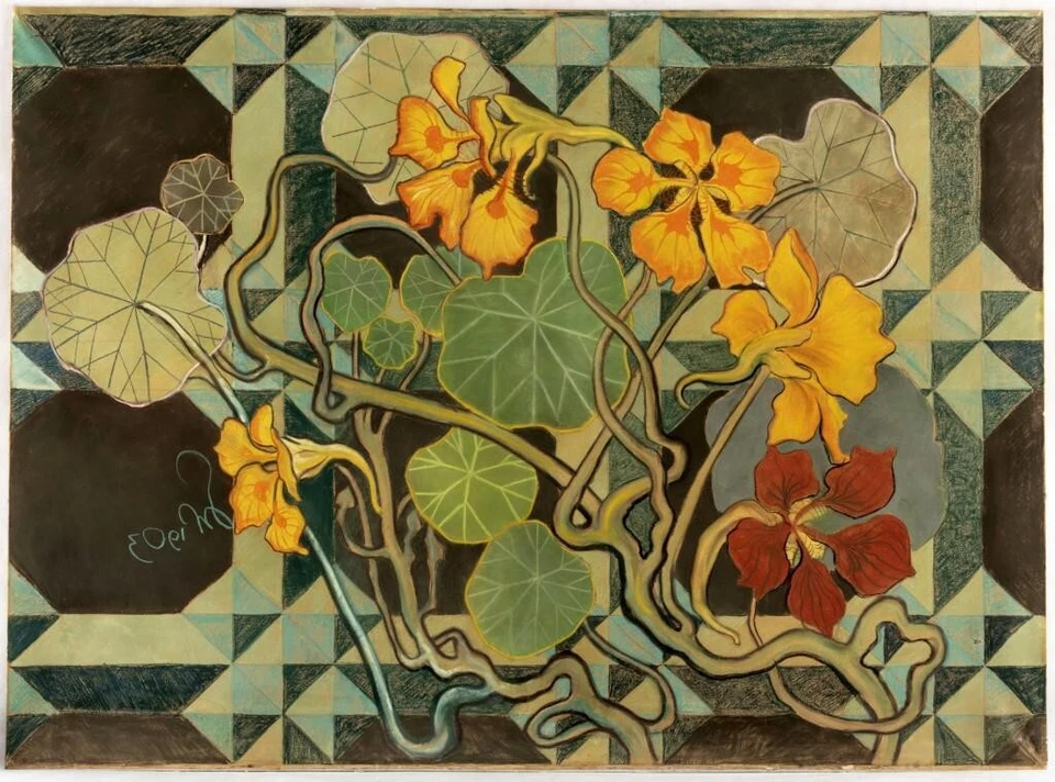 Impresión botánica Art Nouveau tallada en madera Nasturtium Stanislaw Wyspianski 1897 Foto 1 de 2