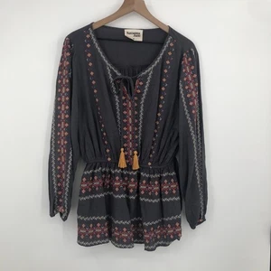 Savanna Jane Top Women 1X Embroidered Long Sleeve Boho Tassel Tie Neck Gray - Picture 1 of 10