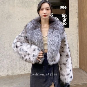 Abrigo corto recortado de piel de zorro con estampado de leopardo y cuello de solapa para mujer talla - Imagen 1 de 8