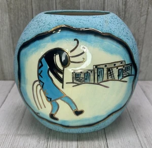 Vintage BJ Gore San Jon New Mexico SW Keramik Vase matt glänzend blau schwarz 7"x6" - Bild 1 von 13
