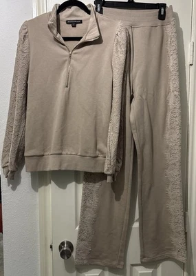 Boston Proper Puff-Sleeve French Terry Set Size Medium Beige Lace Athleisure - Image 1 of 4