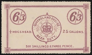 QUEENSLAND Beer Duty 1902 Beer in Kegs 6/3 ½ Hogshead, cat $1750. Extremely rare - Picture 1 of 2