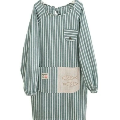 Cotton Linen Apron Stripe Long Sleeve Cooking Baking Kitchen Chef Pocket - Image 1 of 4