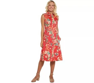 Isaac Mizrahi Live Hawaiian Shirt Dress Plus Size 24W Tropical Floral Red Belted - Picture 1 of 11