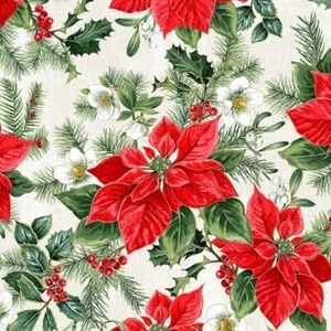 Cotton Quilt Fabric, Christmas Fabric, Tis the Season, Poinsettia Fabric, 1/2 Yd - Picture 1 of 2