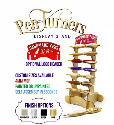 PEN TURNERS DISPLAY STAND 7 OR 12 PENS 4mm MDF PAINTED OR UNFINISHED LOGO HEADER - Image 1 of 4