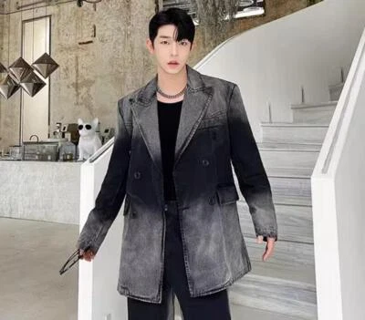 Mens Autumn Fashion Lapel Long Sleeve Loose Denim Suit Coats Casual Trousers 2PC - Image 1 of 4