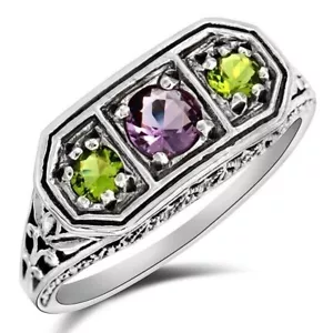 1CT Natural Amethyst & Peridot 925 Solid Sterling Silver Fillgree Ring Sz 8 - Picture 1 of 4