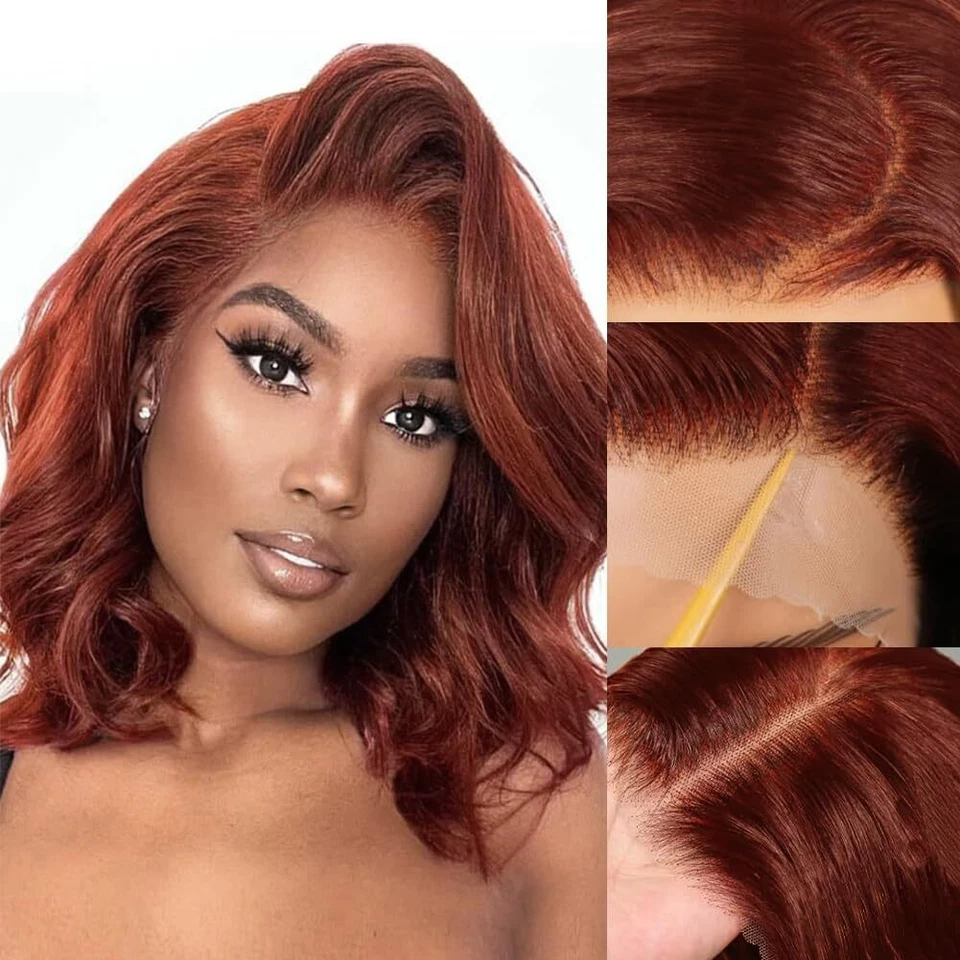 Pelucas Bob sin pegamento marrón rojizo ondulado cabello humano precortado 7x5 HD cierre peluca Foto 1 de 4