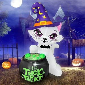 5Ft Halloween Inflatables Cat with Witch Cauldron Decoration, Blow Up Yard De... - Picture 1 of 6
