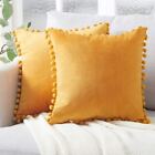2 Luxury Soft Velvet Cushion Covers Pom Poms 18 x 18 Pillow Case Home Decor Sofa