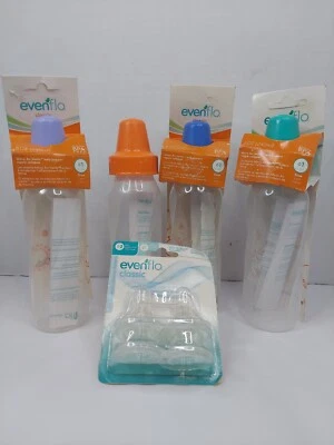 4 New Evenflo 0-3m Slow Flow 8 oz Classic Baby Bottles + 4 Medium 3m+ Nipples 2 - Image 1 of 4