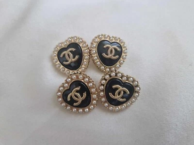 LOT OF 4 CHANEL BLACK HEART BUTTONS WITH PEARLS - Image 1 of 4