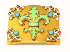 FIBBIA PER CINTURA VINTAGE SMALTATA FLEUR DE LIS OTTONE 1 1/2 IN. LARGO & 1 3/16 POLLICI. ALTA - Foto 1 di 5