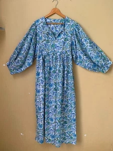 Beautiful Floal Summer blockprint cotten dress Deep Neck with string & gift item - Picture 1 of 4