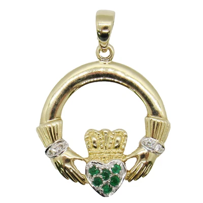 ORO AMARILLO 14K PIEDRA ESMERALDA + DIAMANTE CLADDAGH MANO CORAZÓN COLGANTE ENCANTO Foto 1 de 4