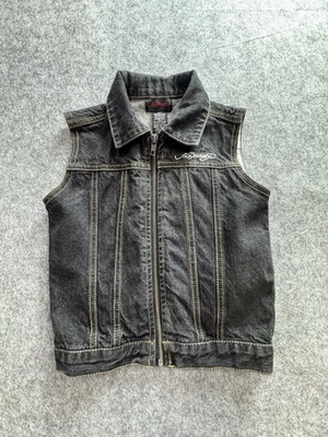 Ed Hardy Vest Boys 4T Black Denim Zip Front Skull Rose Tattoo Graphic Design - Image 1 of 4