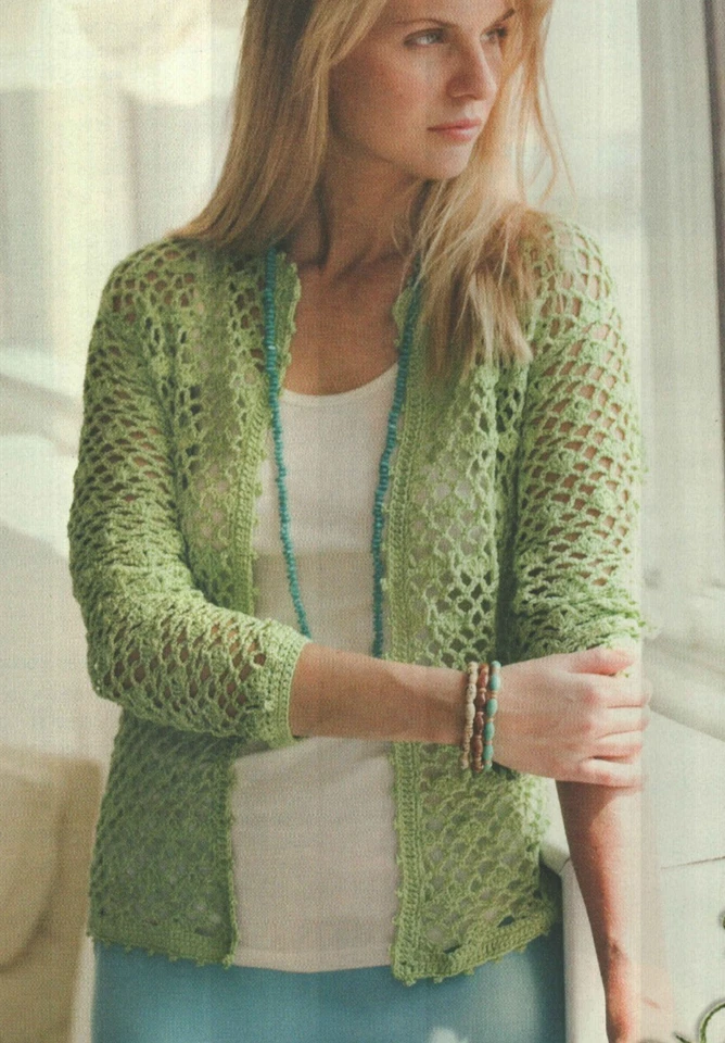 GREEN LACE CARDIGAN SWEATER 3 SIZES WOMEN'S CROCHET PATTERN INSTRUCTIONS - Image 1 of 1