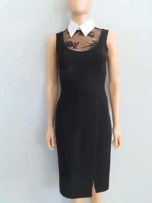 Vestido PRADA negro hasta la rodilla/inserto de encaje/cuello blanco 36/US 0 Foto 1 de 4