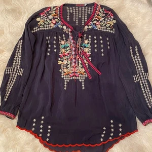 Johnny Was Embroidered Boho Blouse S/M/L | Dragonfly Floral Navy Tunic, Rare - Picture 1 of 13