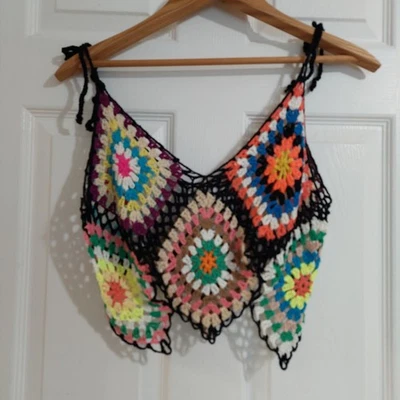 Camiseta sin mangas corta halter de ganchillo para mujer talla M/L abuela cuadrada festival boho Foto 1 de 4