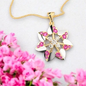 Women 18k Gold Floral Pendant Pink Stones IGI Certified Gifts Jewelry Every Wear - Picture 1 of 8