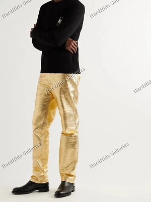 Luxury Gold Crocodile-Embossed Real Leather Pants Iconic Design limited Edition - Image 1 of 4