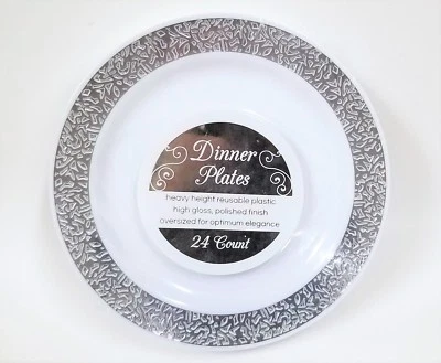CONJUNTO DE 24 PRATOS DE JANTAR OVERSIZED BRANCO+PRATA REUTILIZÁVEL PESADO, PLÁSTICO BRILHANTE RENDA - Imagem 1 de 3