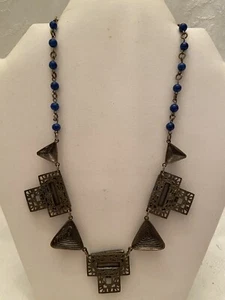 Antique GOLDTONE & COBALT ENAMEL Necklace  8 1/2" Drop Cobalt & Goldtone Chain - Picture 1 of 7