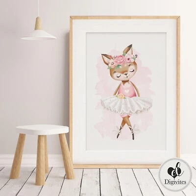 DIGIVITES Baby, Girl Nursery Bedroom Wall Art Prints Ballerina, Bunny, Bear, Deer, Ballet