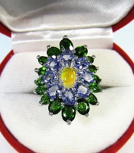 OPAL, TANZANITE & CHROME DIOPSIDE RING 7.01 CTW #6.25 14k WHITE GOLD/925 SILVER - Picture 1 of 9