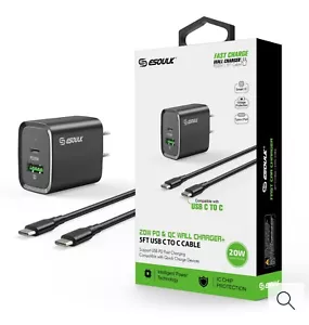 ESOULK 20W PD/QC Caricatore da Parete e Cavo da 5FT per C a C | Nero - Foto 1 di 3