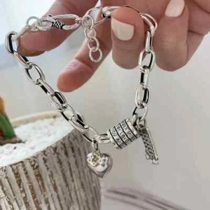 New Vintage Sterling Silver Thick Chain Bracelet Trend Cute Bangle Heart Pendant - Picture 1 of 24